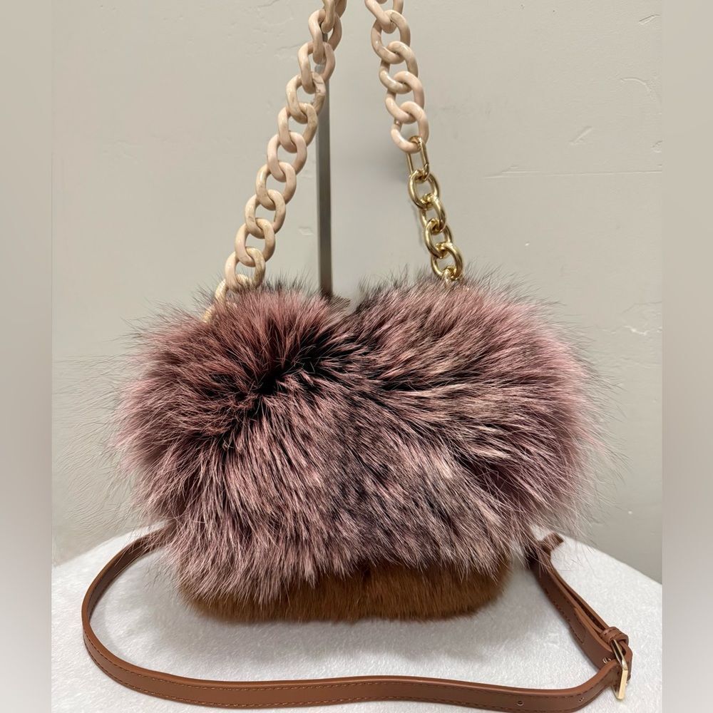 Handmade Real Mink Fur with Finn Raccoon Fur Foldover Flap Bag & 2 Strap Styles